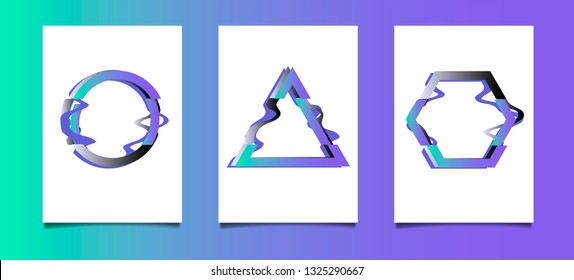 Set of posters with glitched geometric shapes. Banner, Poster, Flyer, Brochure, Card.