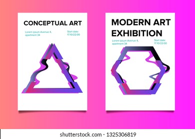 Set of posters with glitched geometric shapes. Banner, Poster, Flyer, Brochure, Card.