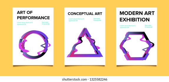 Set of posters with glitched geometric shapes. Banner, Poster, Flyer, Brochure, Card.
