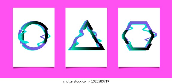 Set of posters with glitched geometric shapes. Banner, Poster, Flyer, Brochure, Card.