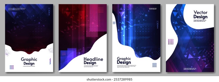 Set of posters with glow lights and dark background. Vector illustration. Design for poster, cover, banner, postcard, book, brochure.