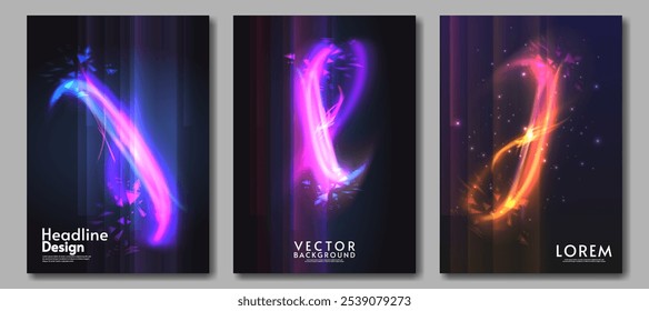 Conjunto de cartazes com luzes brilhantes e fundo escuro. Ilustração vetorial. Design para cartaz, capa, banner, cartão postal, livro, brochura.