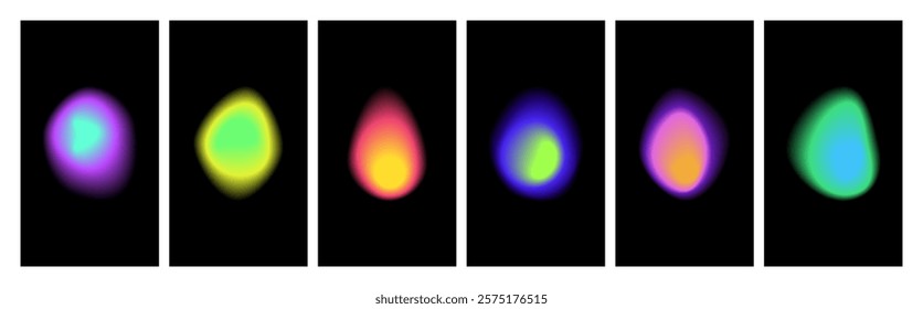 Set of posters with glowing liquid forms on black background. Blurry elements with aura gradient in neon colors. Minimalist design style flame blobes.