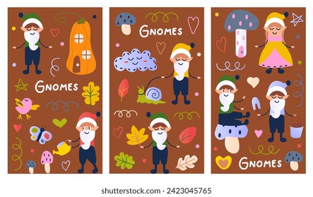 Set of posters with gnomes. Three posters feature gnomes and charming elements, combining detailed illustration with whimsical cartoon design. Vector illustration.