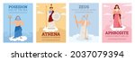 Set of posters with goddesses and gods ancient greek mythology. Famous characters of olympian pantheon - poseidon, zeus, athena and aphrodite. Flat cartoon vector illustrations.