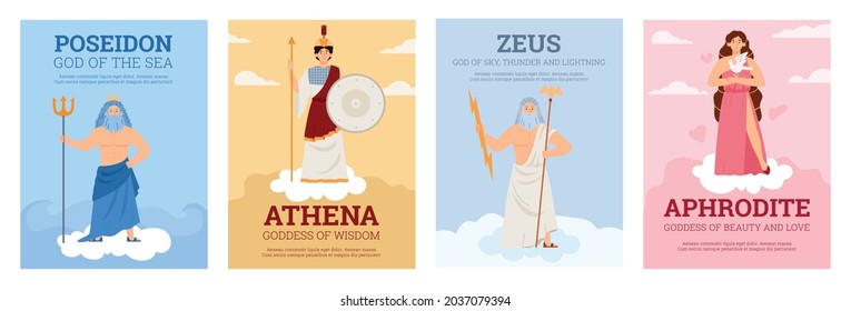 Set of posters with goddesses and gods ancient greek mythology. Famous characters of olympian pantheon - poseidon, zeus, athena and aphrodite. Flat cartoon vector illustrations.