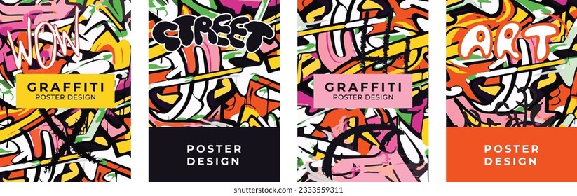 Set of posters in graffiti style. Poster, banner, flyer template. Vector abstract background, street art, wall art.