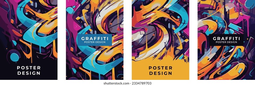 Set of posters in graffiti style. Template for poster, banner, flyer, wall art, street art. Vector drawing, design elements.