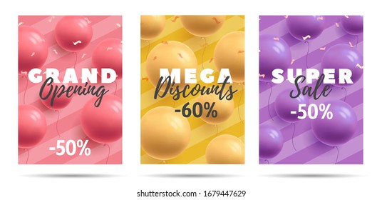 Set Of Posters For Grand Opening Andmega Diccounts, Round Shape Balloons 3d Vector Illustration And Typography, Trendy Mono Color Background, Candy Sweet Style