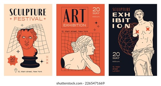 A set of posters with Greek sculptures. Template of flyers for an exhibition of contemporary art.