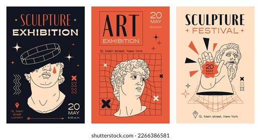 Carteles con estatuas griegas. Plantilla de folletos para una exposición de arte contemporáneo. Acto editable, ilustración vectorial