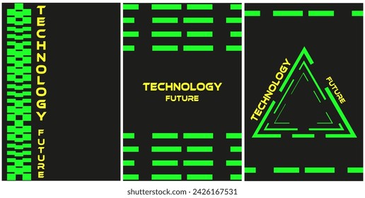 Set posters with green acid  neon Cyberpunk Geometric element on black background. Cyber concept. Technology future banner Geometrical shape. Vector illustration can use web social media design EPS 10