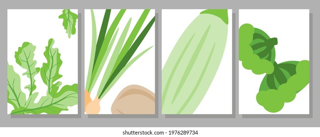Set of posters with green vegetables in a minimal style. Elegant vector illustration of vegan food.
