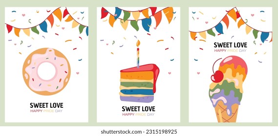 Set of posters and greeting cards for LGBTQ Pride Month. The colors of the LGBT rainbow flag. Vector
