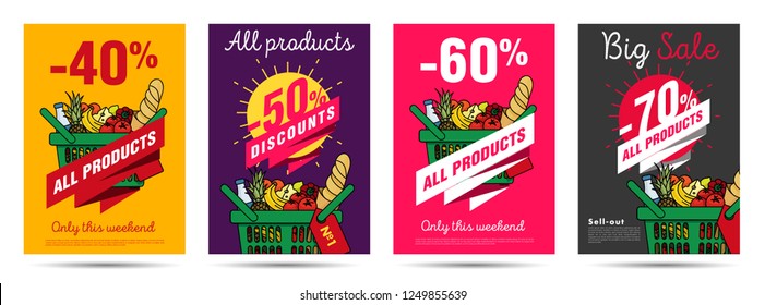 Set of posters for grocery food store with shopping basket illustration and discounts numbers