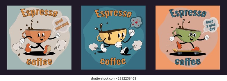 A set of posters with groovy coffee mascot characters in the cartoon style of the 60s, 70s. Vector illustration with elements of typography.