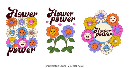 Set of posters groovy flowers. Funny daisies smiling with rainbow and text flower power. Trendy retro style, Hippie 60s, 70s in vector illustration