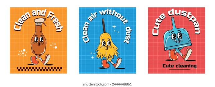 Un conjunto de carteles en estilo groovy. Vector. Elementos Y2k. Limpieza. Personaje caminando, escoba, recogedor, producto de limpieza. Mascota de dibujos animados retro. Artículos de estética psicodélica cómica para el hogar. Cara rara