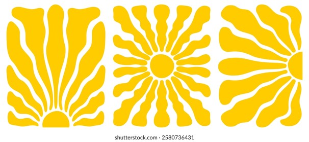 Set of posters with groovy sun pattern. Banners with wavy yellow rays. Groovy sunburst, sunrise or sunset wallpapers. Summer theme prints. Positive vibes designs. Vector flat illustration.