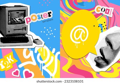 Set of posters with grunge collage elements. Retro banner template with old PC. Stylish 90s advertising design. Vector illustration.