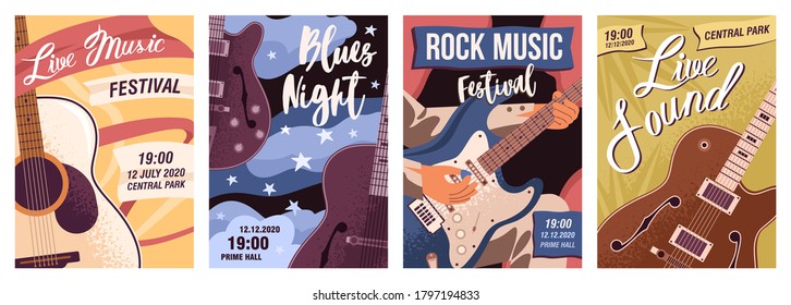 Set Of Posters With Guitars Vector Flat Illustration. Collection Flyer Templates Of Live Music, Rock Festival And Blues Night With Place For Text. Promo Of Concert, Party With Musical Instruments