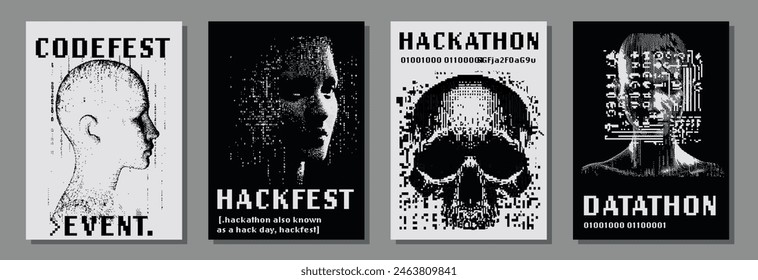 Set of posters for hackathon (also known as a hack day, hackfest, datathon or codefest) event with pixel art illustrations of glitched human head and skull.