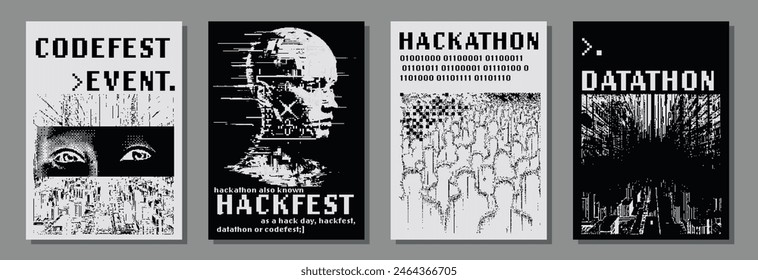 Set of posters for hackathon (also known as a hack day, hackfest, datathon or codefest) event with glitched 1-bit pixel art illustrations of human head and eyes.