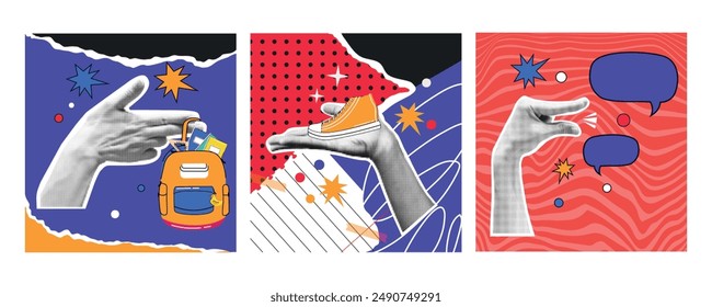 Set of posters in halftone style. Back to school. Supply. Autumn holiday. Trendy modern template. Collage poster. Torn paper. Business. Knowledge. Effect. Stickers. Element. Funky punk. Social media