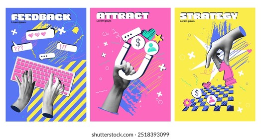 Set of posters in halftone style. Modern art collage related to marketing and promotion in social networks. Strategy for attracting audience. Vector illustration collection isolated on background