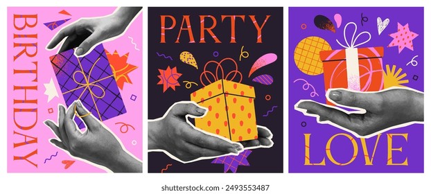 Set of posters in Halftone style. Trendy Happy birthday vintage greeting cards with hands holding gift boxes. Holiday and party celebration. Cartoon vector illustration isolated on white background