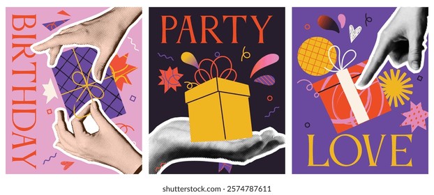 Set of posters in Halftone style. Trendy Happy birthday vintage greeting cards with hands holding gift boxes. Holiday and party celebration. Cartoon vector illustration isolated on white background