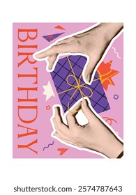 Set of posters in Halftone style. Trendy Happy birthday vintage greeting cards with hands holding gift boxes. Holiday and party celebration. Cartoon vector illustration isolated on white background