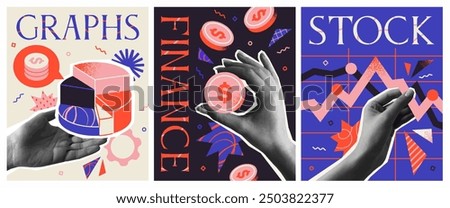 Set of posters in halftone style. Trendy collage with hand holding coins and stock market charts and graphs. Business and Finance. Realistic vector illustration collection isolated on white background