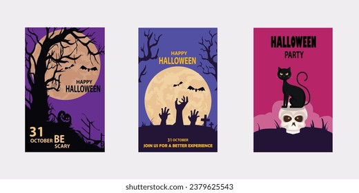 Juego de afiches para la fiesta de halloween. volante de la noche de la película de terror, boleto y truco o tratar la invitación con esqueleto, zombie, aterrador. archivo de pasos de ilustración de vector