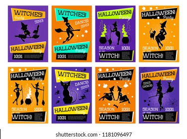 Set of posters for Halloween party. Witches, black cat, potty of potion. Celebration of halloween. Vector illustration.
