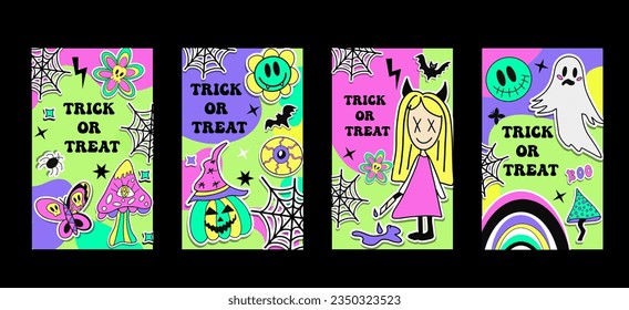 Set posters for Halloween with trendy illustrations. Trendy groovy style cards. Vector illustration