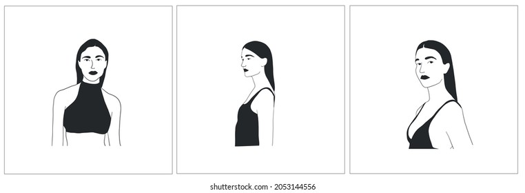 Set of posters with hand drawing of sensual sexy woman in black lingerie or swimsuit. Linear fashionable drawing of a girl. Minimalistic trendy style. Black and white. 