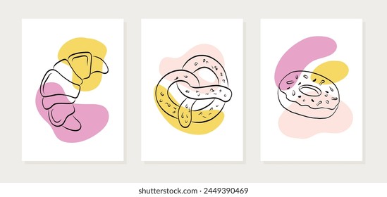 Set of posters with hand drawn bakery pastry. Outline croissant, donut, pretzel on abstract colored background. 
