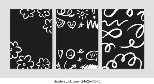 Set of posters with hand drawn chalk abstract children shapes. Marker abstract scribbles, flowers, sun, heat, lines, scribbles and other elements. Scrawl elements for your design.