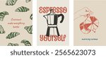 Set of posters with hand drawn coffee and croissant illustration in minimalist ink drawing style