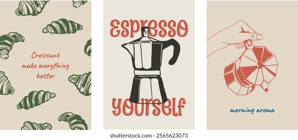 Set of posters with hand drawn coffee and croissant illustration in minimalist ink drawing style