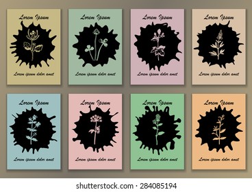 Set  Posters with hand drawn ink herbs and ink-stain. Vector illustration for banners, posters, fliers, cards, covers, brochures  etc