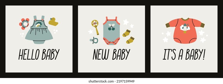 Set of posters with hand drawn lettering. Cute illustration of tiny bodysuits and toys for a newborn babies. Birthday or Baby Shower concept. Vector illustration. Print, postcard, invitation design.