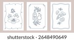 Set of posters with hand drawn outline pasta, olive oil bottles and pizza. Templates for invitation, menu design, wall art print decor. Vector illustration