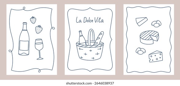 Set of posters with hand drawn outline wicker picnic basket, wine bottle and cheeses. Templates for invitation, menu design, wall art print decor. Vector illustration