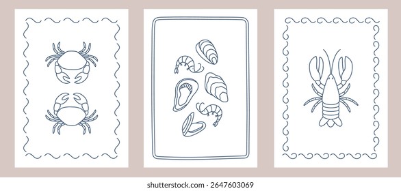 Conjunto de cartazes com esboço desenhado à mão lagosta, caranguejo, ostras e camarões. Modelos para convite, design de menu, decoração de impressão de arte de parede. Ilustração vetorial