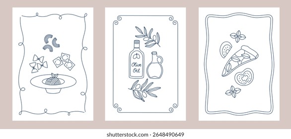 Set of posters with hand drawn outline pasta, olive oil bottles and pizza. Templates for invitation, menu design, wall art print decor. Vector illustration
