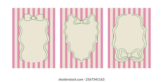 Set of posters with hand drawn quirky frames on striped backgrounds. Vector illustration of vintage wavy bows. Holiday greeting card templates in coquette aesthetic