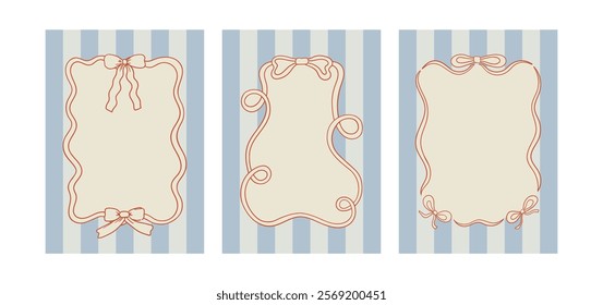 Set of posters with hand drawn quirky frames on striped backgrounds. Vector illustration of vintage wavy bows. Holiday greeting card templates in coquette aesthetic