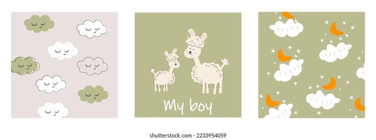 Set of posters in hand drawn style. Doodle. Pattern with clouds, moon. Lamas. Mother and son. Mothers Day. children's print